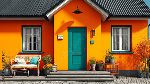 A striking orange house with a contrasting teal door and inviting porch bathed in warm sunlight.