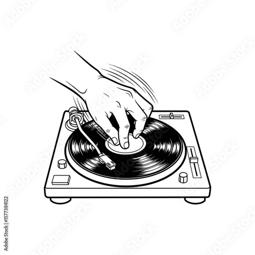 A hand expertly scratching a vinyl record on a turntable, a classic DJing action.