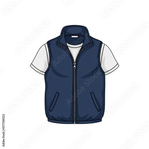 Navy blue sleeveless zippered vest layered over a white t-shirt.