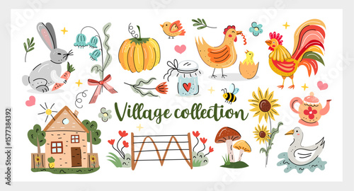 illage Collection hand drawn vector set with farm animals, sunflowers, vegetables, mushrooms, cozy house and cute countryside doodles. Perfect for prints, kids design, stickers and decor.