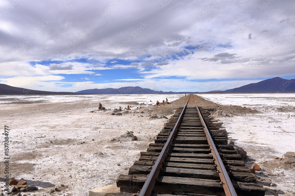 Fototapeta premium Railroad tracks in the salar de Chiguana, Potosi department, Bolivia