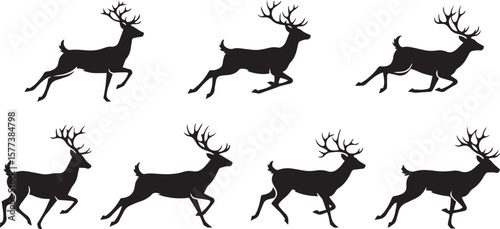 running deer silhouette vector, black and white deer in motion, minimalistic deer running illustration, deer sprint side view silhouette, wild deer in action vector, stylized deer in motion artwork, 