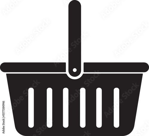 Simple black shopping basket icon representing purchasing groceries and retail