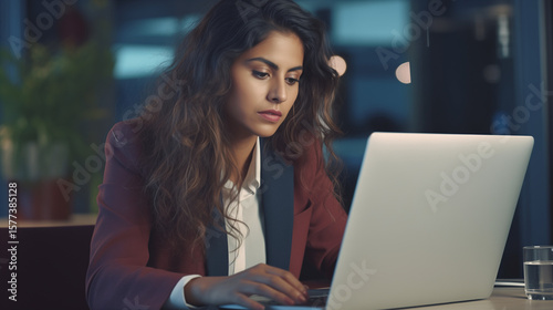 business lady working on laptop pc sitting at desk in modern office