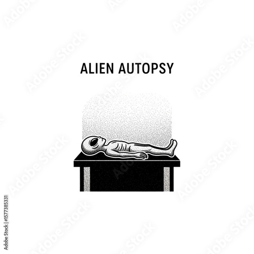 Illustration depicting an alien corpse laid out on a table for examination.