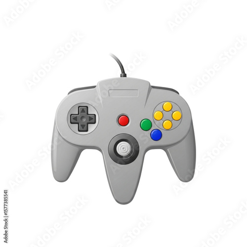 A gray video game controller with multiple buttons and a joystick, isolated on white.