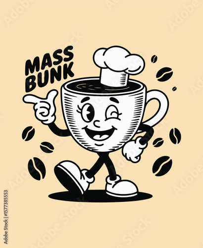 Mass Bunk Coffee Cup Mascot Retro Cartoon with Chef Hat and Pointing Gesture Vector