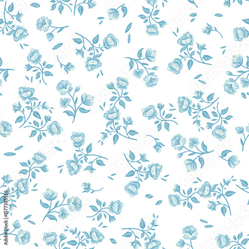 Beautiful cute small rose flowers blue on white background, simple vintage ditsy hand drawn line style. Toile De Jouy Seamless pattern for textile, fabric print, home decor, design vector template 