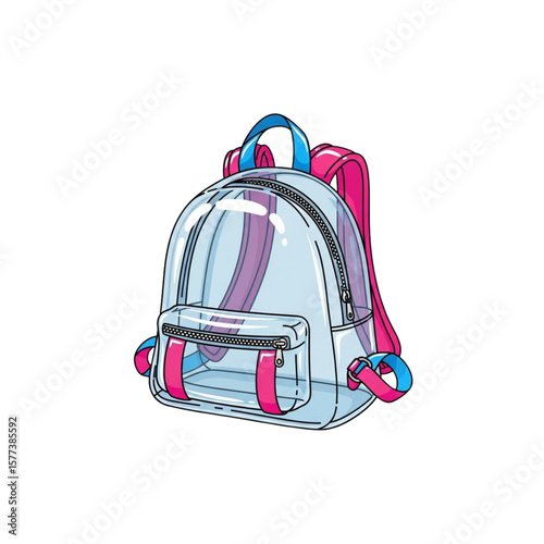 Illustration of a transparent backpack with pink straps and blue accents on a white background.