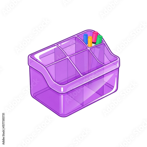 Purple plastic organizer with compartments for pens and markers.
