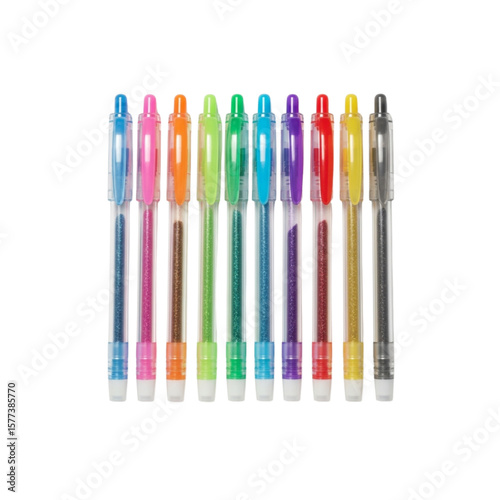 A vibrant collection of ten colorful gel pens, arranged neatly, showcasing their translucent bodies and bright ink colors.