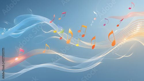Abstract poster for World Relaxation Day: colorful musical notes gently flowing in the wind above a calm blue background, trails of light forming soft curves, notes shaped like leaves.
