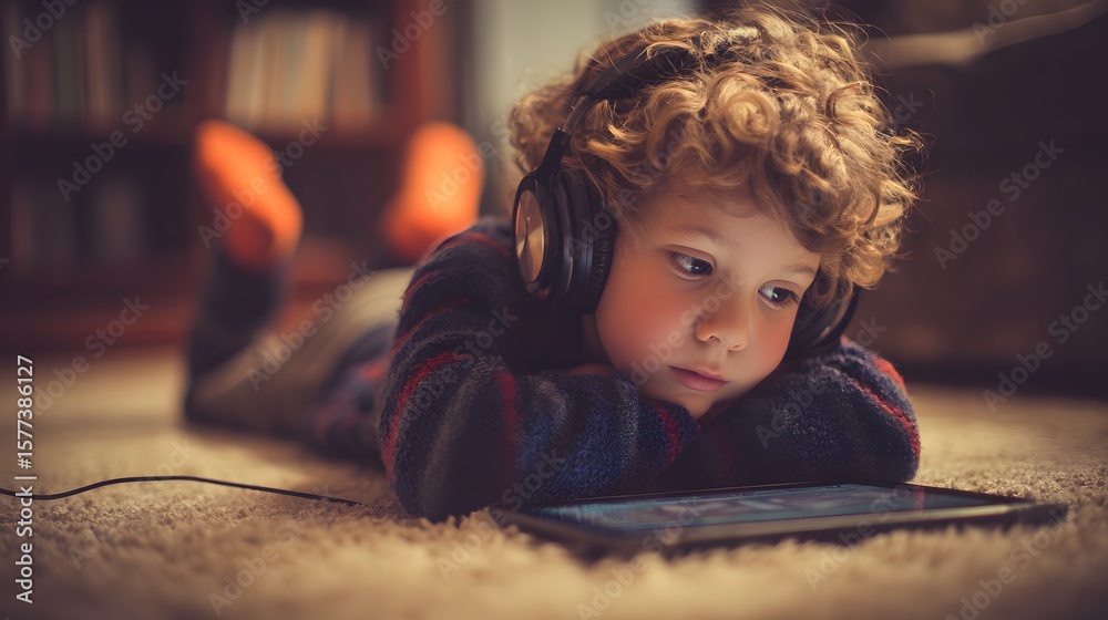 A young boy with curly hair wearing headphones lying on the floor looking at a tablet device screen A young boy with curly hair wearing headphones lying on the floor looking at a tablet device screen