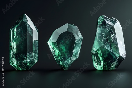 Cut and Polished Emerald Crystals on Dark Background – Green Gemstones, Luxurious Mineral Specimens, High-Resolution Macro Gem Photography