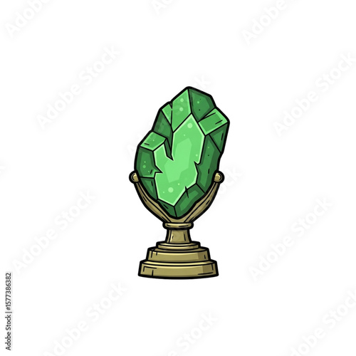 A vibrant green gemstone rests on an ornate golden stand, showcasing its crystalline structure and inner glow.