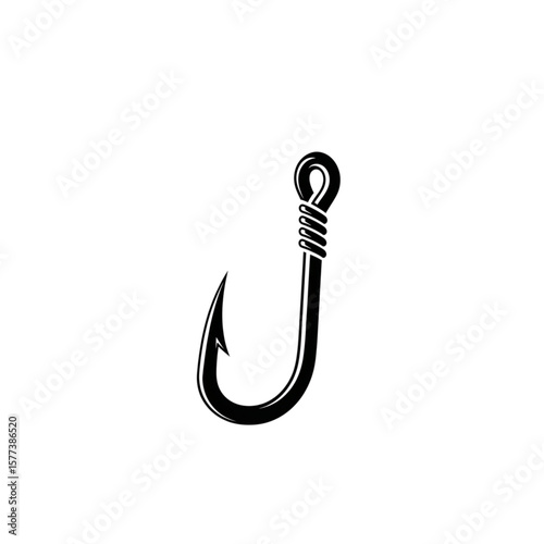 A black and white illustration of a fishing hook with a barbed point and coiled wire.