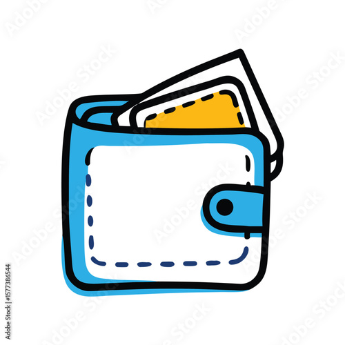 A blue wallet is holding cash and cards, isolated on white background