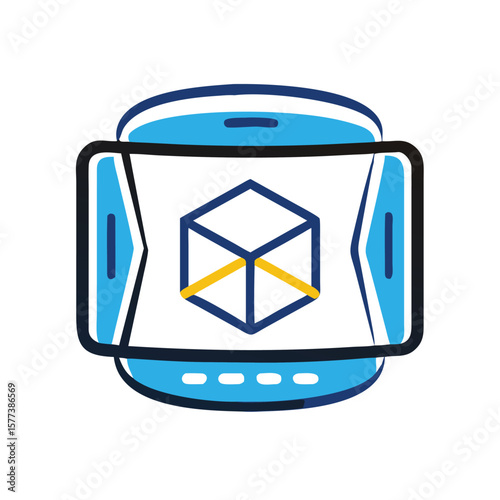 Augmented reality cube displayed on a mobile phone screen isolated on white background