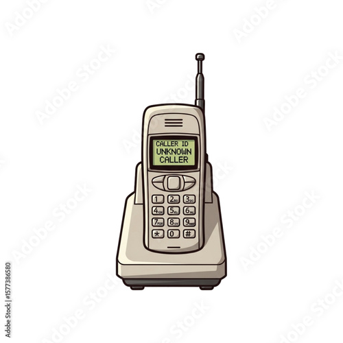 Retro cordless phone displaying "unknown caller" on its screen, resting on its base.