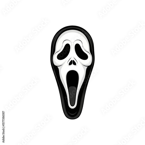 A stylized, white, screaming mask with a black hood, isolated on white.