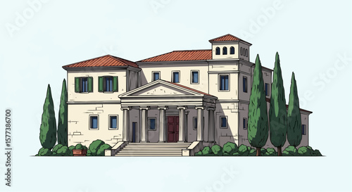 Ancient Villa with Cypresses – Vintage Engraving Style Vector Illustration of Traditional European Architecture