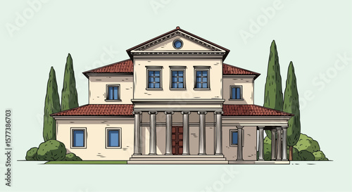 Ancient Villa with Cypresses – Vintage Engraving Style Vector Illustration of Traditional European Architecture