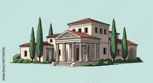 Ancient Villa with Cypresses – Vintage Engraving Style Vector Illustration of Traditional European Architecture