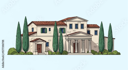 Ancient Villa with Cypresses – Vintage Engraving Style Vector Illustration of Traditional European Architecture