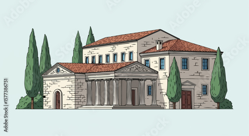 Ancient Villa with Cypresses – Vintage Engraving Style Vector Illustration of Traditional European Architecture