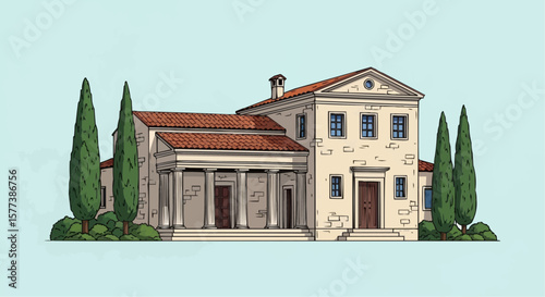 Ancient Villa with Cypresses – Vintage Engraving Style Vector Illustration of Traditional European Architecture