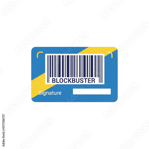 A stylized graphic of a Blockbuster membership card, featuring a barcode.