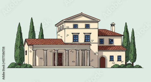 Ancient Villa with Cypresses – Vintage Engraving Style Vector Illustration of Traditional European Architecture