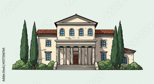 Ancient Villa with Cypresses – Vintage Engraving Style Vector Illustration of Traditional European Architecture