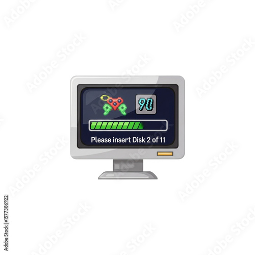 Retro video game loading screen, displaying a progress bar and a message to insert a disk.