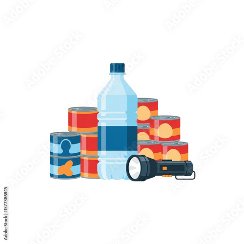 Emergency supplies kit: canned food, water bottle, and flashlight.