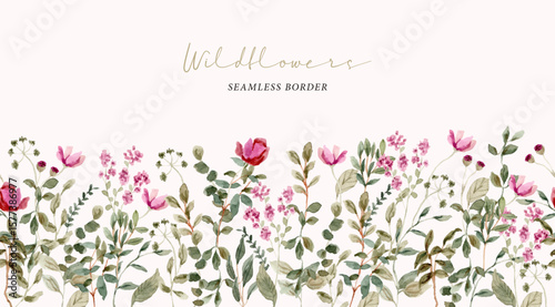 beautiful pink wildflowers watercolor seamless border
