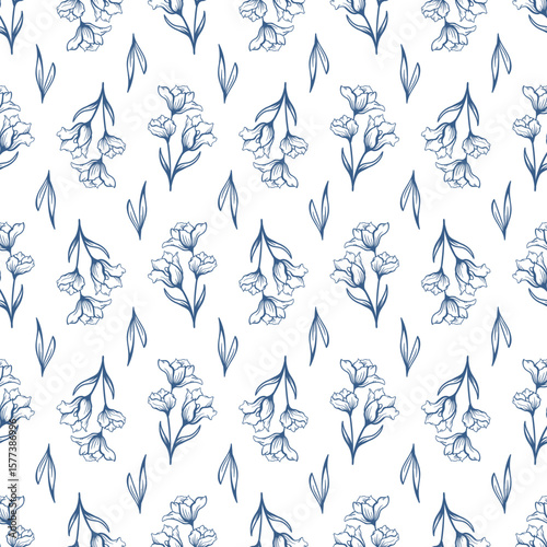 Toile De Jouy Seamless pattern cute small rose flowers blue on white background, simple vintage ditsy hand drawn line style. Vector design template for textile, fabric print, home decor