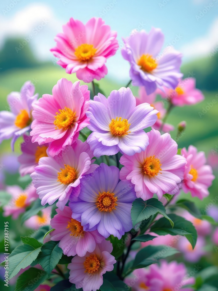 Obraz premium A vibrant cluster of pink and purple flowers with yellow centers in a lush green garden setting
