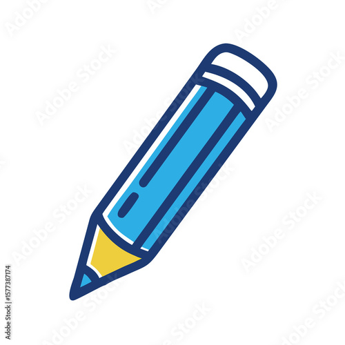 A blue and yellow pencil isolated on white background is displayed