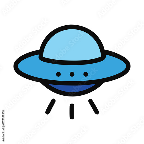 A cartoon ufo emits light and is isolated on white background