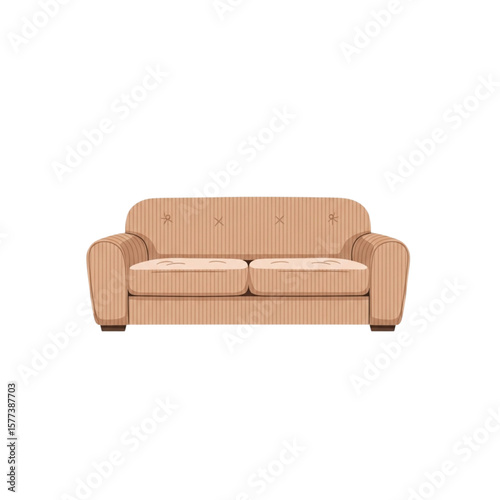 Beige two-seater sofa, tufted upholstery, rounded arms, classic design.