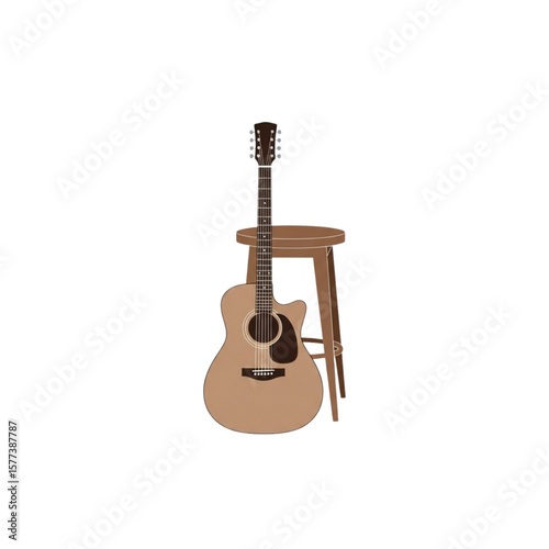 A brown acoustic guitar leans against a wooden stool, isolated on white.