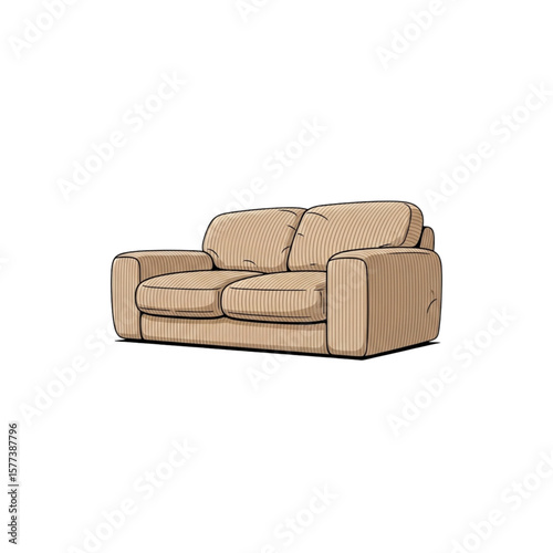 Illustration of a tan, two-seater sofa with cushions, against a white background.