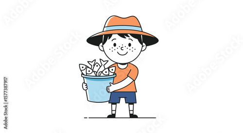 A young enthusiastic child wearing a hat and holding a bucket full of fish represents successful fishing adventure and abundant catch