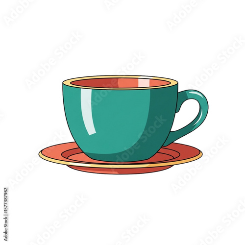 A teal teacup rests on a matching saucer, both with orange rims, isolated on a white background.