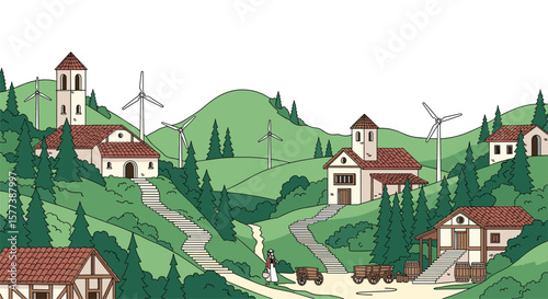A quaint village nestled among rolling green hills featuring modern wind turbines and traditional architecture