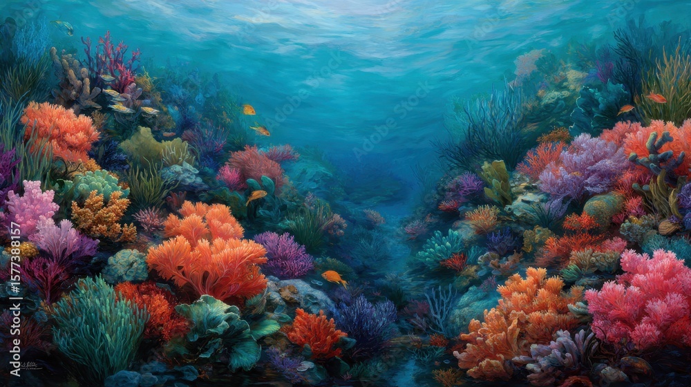 Obraz premium Vibrant underwater coral reef teeming with colorful marine life and diverse coral species in clear blue ocean water.