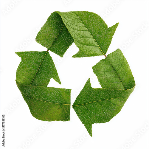 Green recycling symbol made of leaves, isolated on a white background in PNG format with transparent background. Eco-friendly design ideal for sustainability and environmental projects.