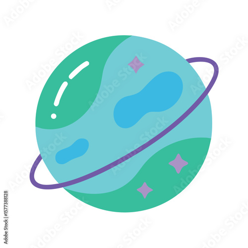 A cartoon planet with rings floats in space isolated on white background