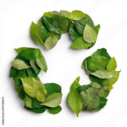 Green recycling symbol made of leaves, isolated on a white background in PNG format with transparent background. Eco-friendly design ideal for sustainability and environmental projects.